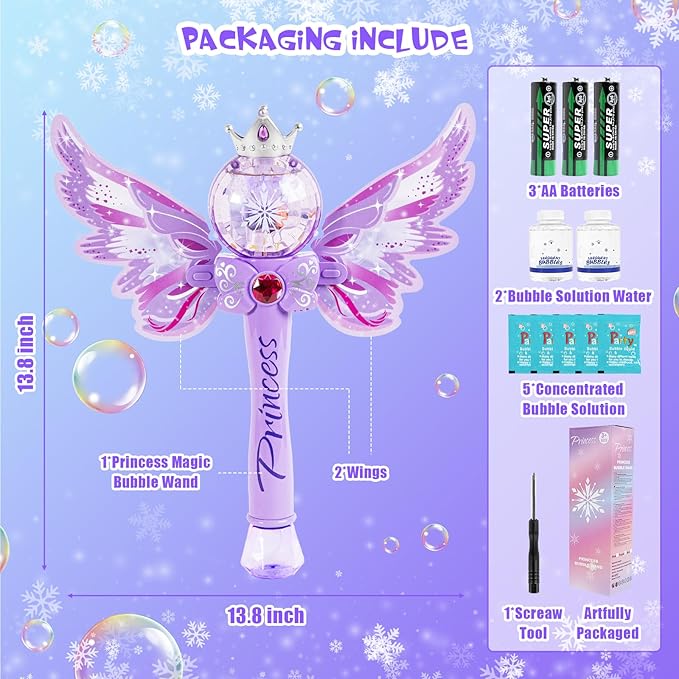 Princess Bubble Wands for Kids,Light Up & Musical Bubble Machine,Bubble Blower,Bubble Maker, for 3 4 5 6 7 8 Year Old Girls,Outdoor Birthday Party Bubble Toy for Toddlers.(Light Purple)