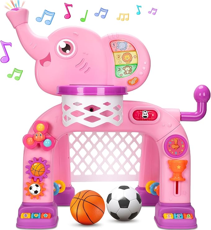Toddler Basketball Hoop & Soccer Goal Sports Toys for 1 2 3 Years Old Girls Boys, Montessori Toys, Interactive Musical Toy with Lights, Christmas Birthday Gifts for Baby Kids Age 12-18 Months(Pink