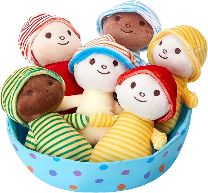 Athoinsu 6.5 Inch Plush Dolls with Basket Set of 6 Soft Dolls with Removable Hats Stuffed Toys for Kids, Toddlers, Boys & Girls