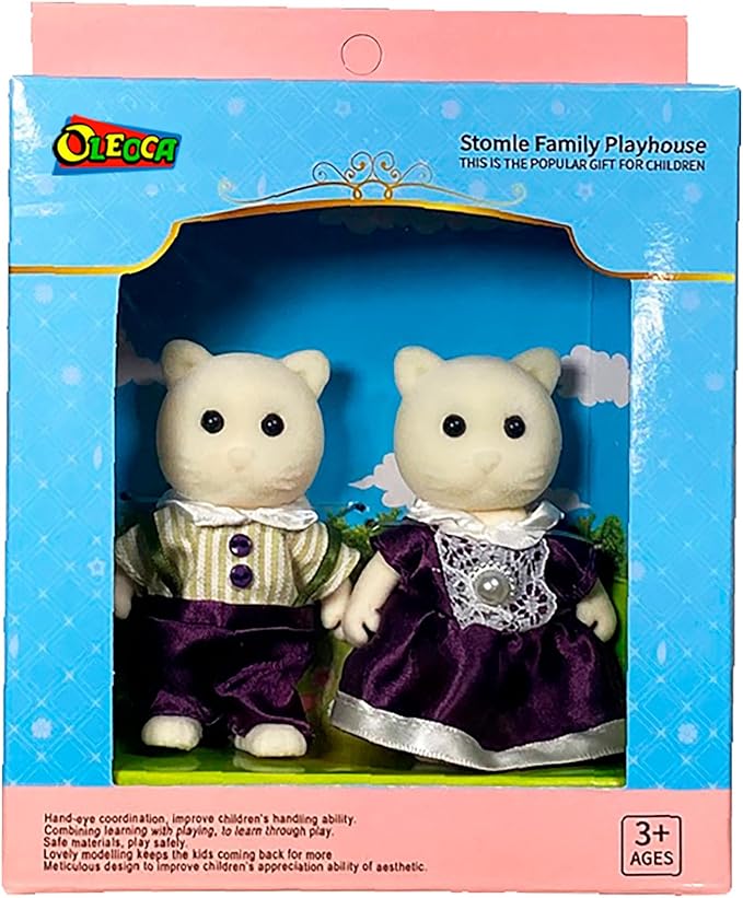Family Cream Cat Figures — Set of 2 Collectible Flocked Mini Dolls with Removable Clothes, Miniature Dollhouse Pretend Play Figures for Kids Ages 3+