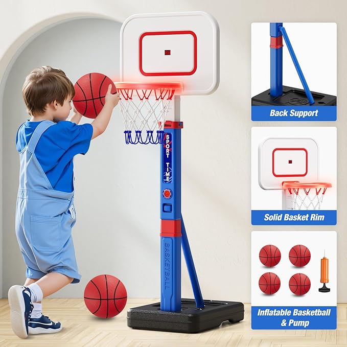 Toddler Basketball Hoop with Scoreboard/LED Basketball Rim/4 Balls, 55" Height Adjustable Basketball Hoop for Kids 3-5, Indoor Outdoor Sport Toys Birthday Gifts for Baby Boys Girls