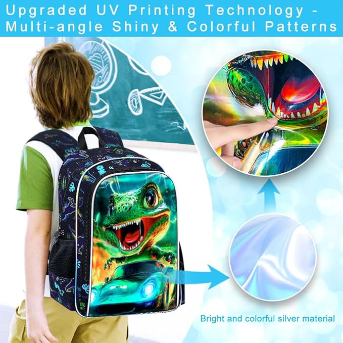 16" Dinosaur Backpack for Boy, 3Pcs Cars Bookbag with Lunch Box, Kids School Backpacks for Elementary Preschool Kindergarten (Black)