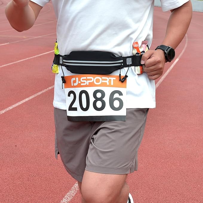 RJ-Sport Triathlon Belt with Pouch - Race Number Bib Holder with 6 Gel Loops, Ideal for Running, Cycling & Marathon (Black)