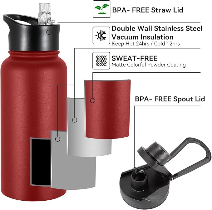 32 oz Insulated Water Bottle with Straw Lid & Wide Mouth Lids, Stainless Steel Sports Water Bottles, Double Walled Vacuum, Leak Proof, Red