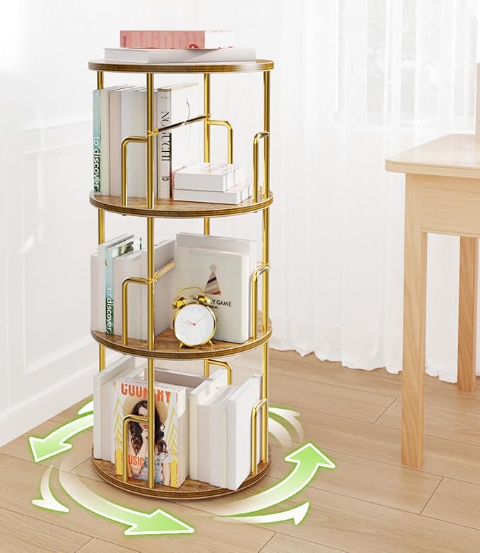 3 Tier Rotating Bookshelf Tower Round Gold,37” Floor Standing Spinning Bookshelf Tower Anti-Tipping Design,Metal & Wood Revolving Bookcase Stackable Space Saving for Small Spaces,Study,Living Room