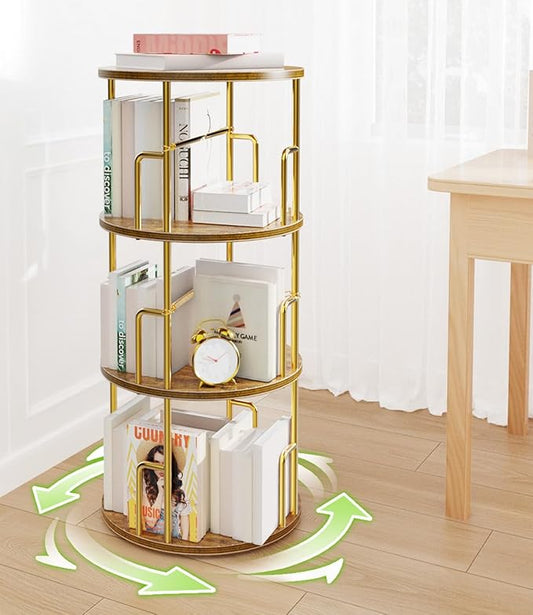 3 Tier Rotating Bookshelf Tower Round Gold,37” Floor Standing Spinning Bookshelf Tower Anti-Tipping Design,Metal & Wood Revolving Bookcase Stackable Space Saving for Small Spaces,Study,Living Room