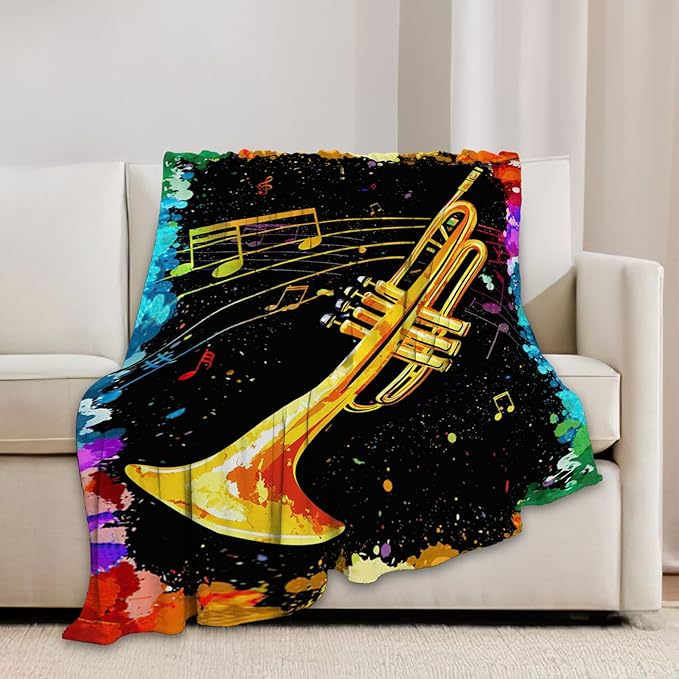 Music Trumpet Blanket Colorful Trumpet Musical Instrument Throw Blankets Gifts for Girls Boys Kids Music Lover Soft Cozy Fleece Plush for Couch Sofa Bed 50"x40"