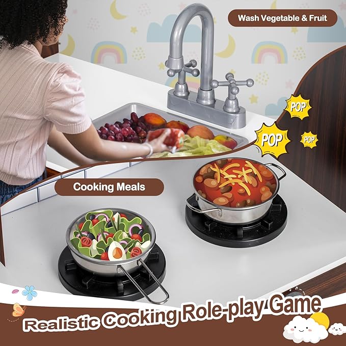 Corner Play Kitchen for Kids, Wooden Toddler Kitchen Playset w/Faucet, Sink, Microwave, Oven, Apron, Blackboard, Storage Cabinets, Pretend Cooking Toys w/Sound & Light Gift for Ages 3+