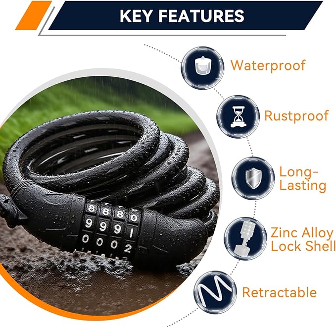 SEPOX® 4Pcs Pack 6FT Extra Long Cable Combination Bike Locks, 4 Digits Retractable Security Lock, 12mm Heavy Duty Anti-Theft Cable for Bicycle, Scooter, Gate, Outdoor Equipment, Weatherproof-Rustproof