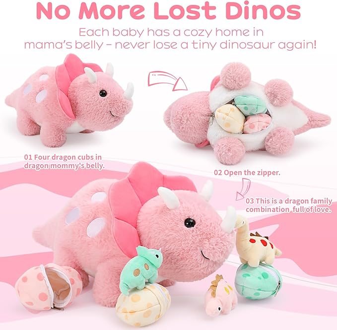 17.6in Pink Dinosaur Toys for Girls, Mommy Dinosaur Stuffed Animal with 3 Baby Dino Plush(Triceratops, Stegosaurus and Diplodocus),Small Dino Plushies for Girls and Boys,Gifts for Kids