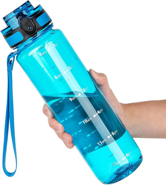 OLDLEY 32 oz Water Bottle, Motivational Water Bottle with Time Marker, Sports Water Bottle With Strap, Leakproof & BPA Free Large Water Bottles for School,Gym,Outdoor, Tritan, Transparent-Blue