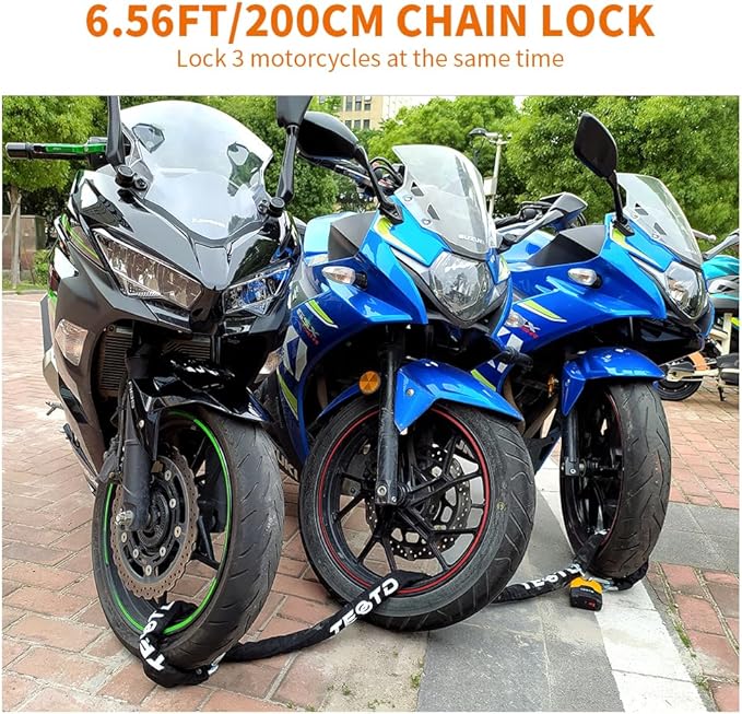 Motorcycle Chain Lock 6.6ft/200cm Heavy Duty Anti-Theft Security 10mm Thick With Bright-Colored Lock, 4 Keys for Motorcycles, Containers (10.36lbs)
