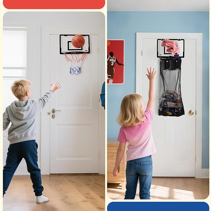 2-in-1 Over the Door Basketball Laundry Hamper and Basketball Hoop, Durable Hanging Sports Laundry/Clothes Basket with Hoop and a Bottom Zipper for Kids Teen Bedrooms, Dorm Rooms, Bathroom