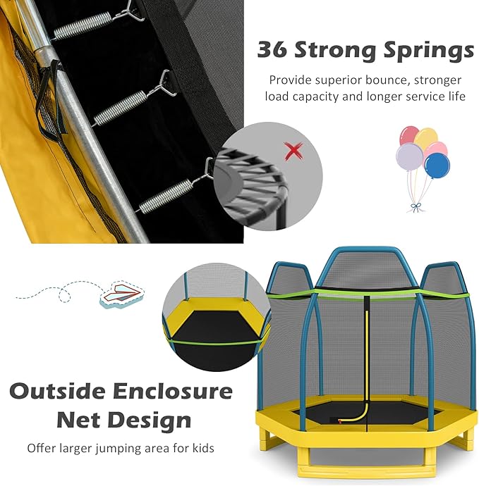 GYMAX Trampoline for Kids, 7FT Toddler Trampoline with Safety Enclosure Net & Seamless Spring Pad, Heavy Duty Small Indoor/Outdoor Trampoline for Boys, Girls Age 3+