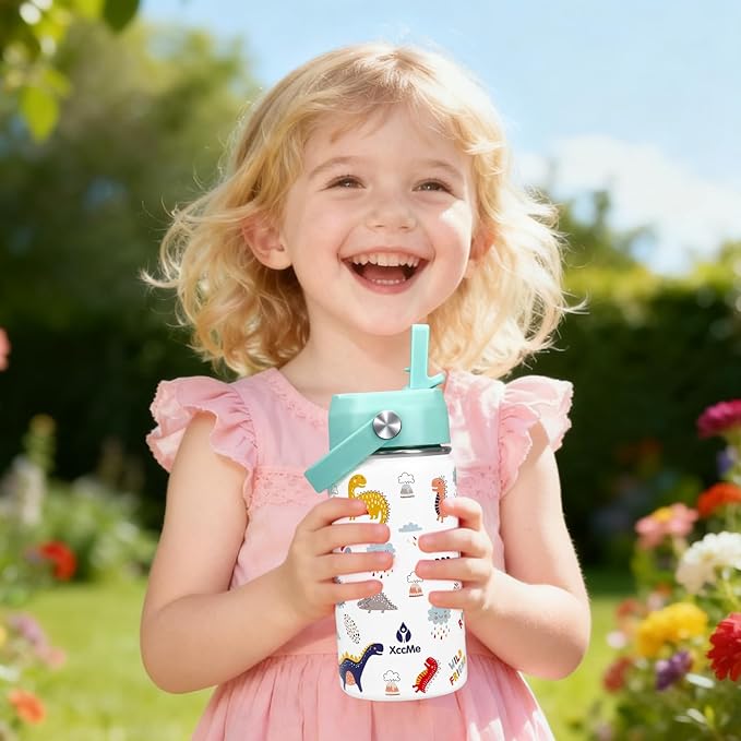 2Pack Kids Water Bottle With Straw Lid,14 oz Stainless Steel Travel Bottle,Double Wall Leak Proof Kids Cup,Insulated Tumbler for Toddlers,Metal Bottle for School Boys Girls(Alphabet+Dinosaur)