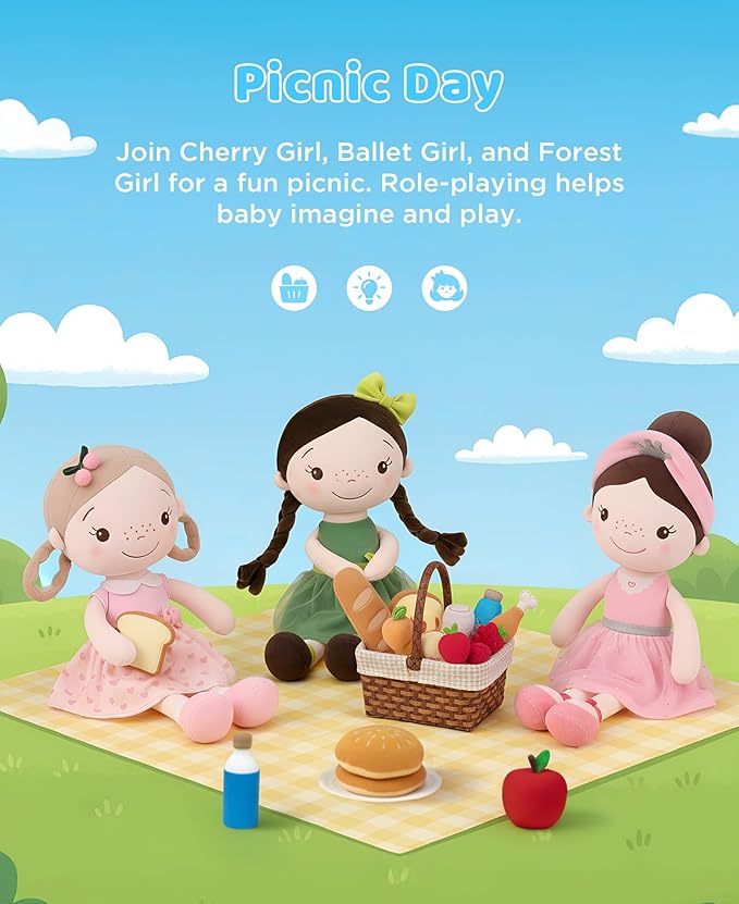 GAGAKU Soft Baby Doll Toys (16'') for Girls, My First Baby Rag Dolls for 1 Year Old Girl Birthday Gift Plush Doll Toys Machine Washable Baby Doll for Toddler Kids Infants - Cherry Girl