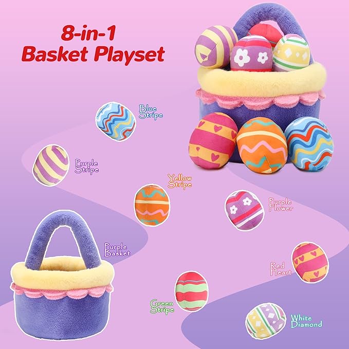 8 Piece Plush Stuffed Playset Toys with 7 Eggs, 1 Furry Bag, Soft Basket Set Sensory Toys for Girls Kids Ages 3+, Birthday Christmas Valentines Easter Party Favors Gifts
