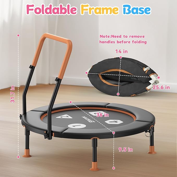 BCAN 36'' Toddler Trampoline, ASTM Certified-Foldable Mini Trampolines for Kids Ages 1-6, Adjustable Handle, Safety Pad & Foldable Legs, Baby Trampoline Indoor/Garden, Gift for Boy and Girl