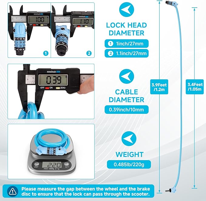 Bike Lock, 3.9 Feet 4-Digit Resettable Combination Password Anti-Theft Cable Lock, Cute Coiled Bike Lock with Mounting Bracket, Suitable for Bicycles, Electric Scooters, Ebikes (Blue-10mm)