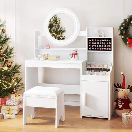 INFANS Kids Vanity with Lights, Princess Makeup Desk with Mirror Storage Shelves, Toddler Table and Chair Set Pretend Play for Girls Aged 4-9 (White)