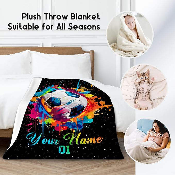 Personalized Soccer Gifts for Boys, Custom Soccer Blanket Gift for Sport Lovers, Flannel Throw Blankets for Kids Girls Teens, Sports Decorations for Room Team Player (Colorful, 40x50 Inch)