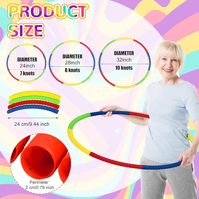 Syhood 12 Pcs Toy Color Hoop Plastic Detachable Adjustable Hoop Light Weight Exercise Fitness Equipment Toy Waist Ring for Adult Party, 3 Sizes(Green, Pink, Yellow, Dark Blue)