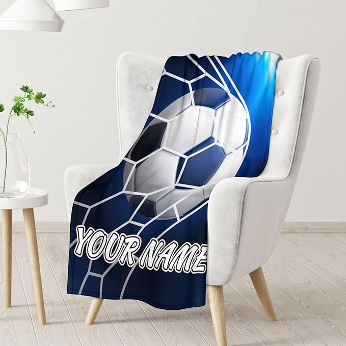 Personalized Soccer Blanket for Boys - 60x80 Inches Blanket for Adults Men - Soft Fuzzy Cozy Throws Gifts for Soccer Team - Blue Sports Throw for Couch, Living Room & Bed