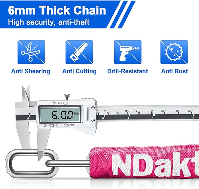 NDakter Bike Chain Lock, 5 Digit Combination Heavy Duty Anti Theft Bicycle Chain Lock,2.62/3.2/4.27/5/6Ft Long Security Resettable Bike Locks for Bike, Bicycle, Scooter, Door, Gate, Fence-4/6mm Thick