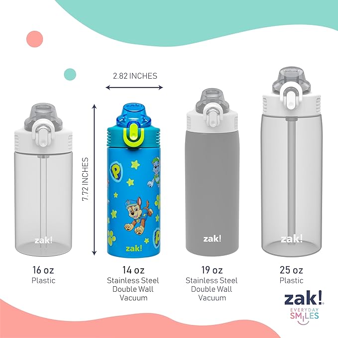 Zak Designs PAW Patrol Sage Kids Water Bottle For School or Travel, 14oz Stainless Steel Water Bottle With Straw, Handle, and Leak-Proof Spout Cover (Chase, Marshall, Skye, Rubble, Rocky, Zuma)