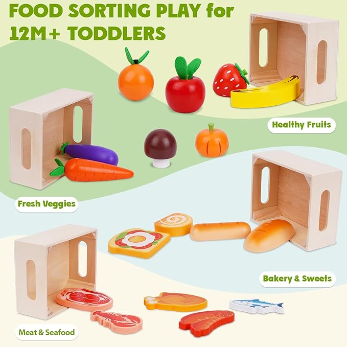 KMTJT Wooden Play Food for Toddlers 1-3 | 46 PCS Toy Food with Play Money for Pretend Play Kitchen Accessories | Wood Play Fake Food Sorting Toys for 12-18 Months Boys Girls | 1st Birthday Gifts