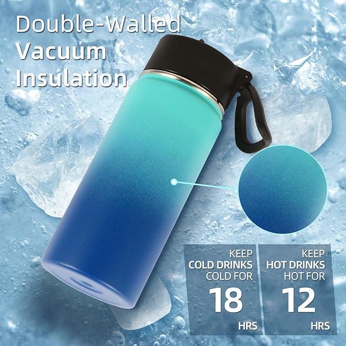 Volhoply 16 OZ Kids Water Bottle Bulk 2 Pack,Insulated Sports Bottles with Straw Lid,Stainless Steel Bottle with Handle Keep Cold & Hot,Double Wall Vacuum Tumbler Cups for School(Green Blue, 2)