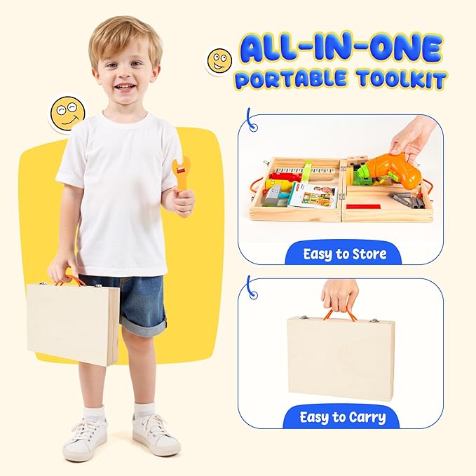 Kids Tool Set with Drill, Montessori Toys for 3 4 5 6 Years Boys Girls, Toddler Stocking Stuffers, Kids Christmas Toys, 37 Pcs Wooden STEM Construction Learning Pretend Play Games