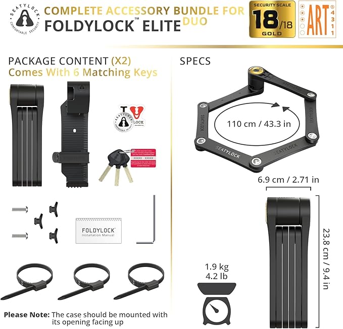 Seatylock Foldylock Elite Folding Bike Lock Set - Patented 2 Matching Bicycle Locks with 6 Identical Keys - 18/18 Heavy Duty Anti Theft Secure Guard with Keys & Case Mount - 43.3"