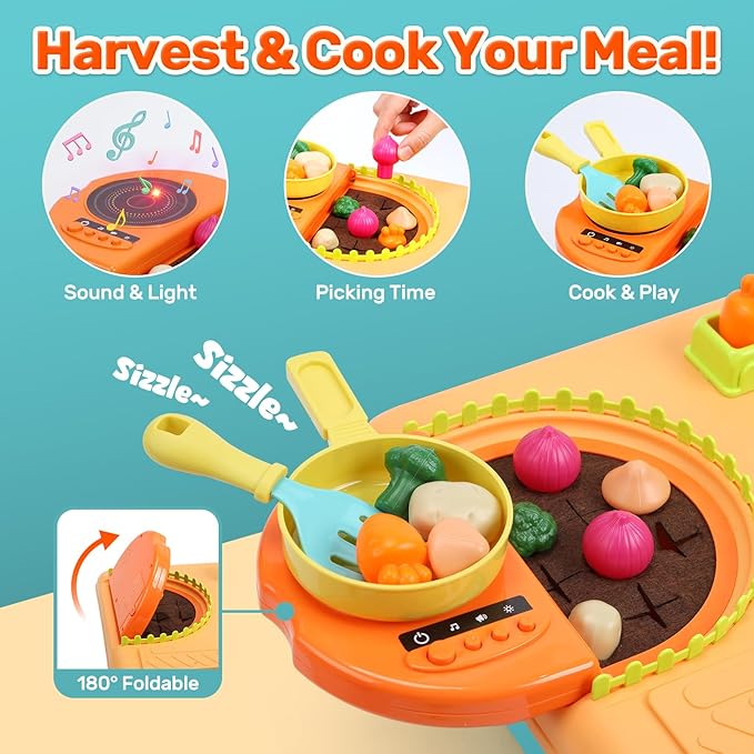 CUTE STONE Kids Pretend Play Sink with Running Water, Toddler Sink Toy with Upgraded Electric Faucet, Play Kitchen Accessories, Cooking Stove, Vegetable Garden Toys, STEM Learning Gift for Ages 3+