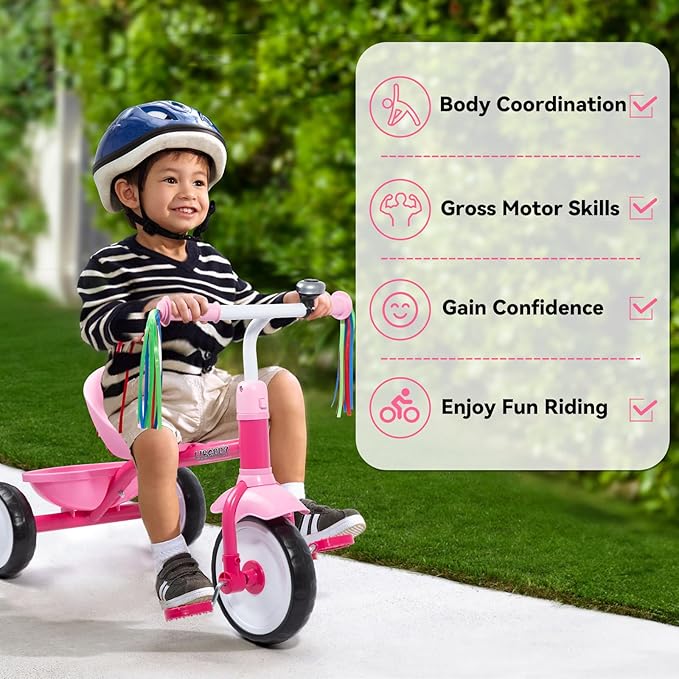 Liberry Toddler Tricycle Age 2 3 4 Years Old, Kids Trike with Bell, Back Basket and Removable Pedal, 3 Wheel Bike Birthday Toys Gift for Boys Girls, Pink