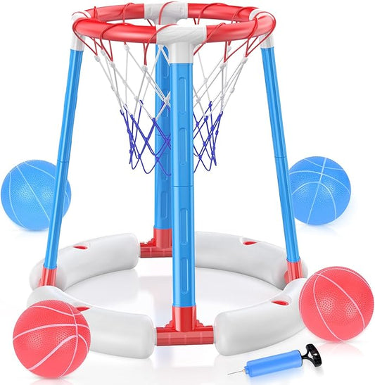 Pool Basketball Rim, Floating Pool Toy with 4 Balls and Pumps, Pool Basketball Game Outdoor Toy for Kids Adults Home Party Water Summer Toys