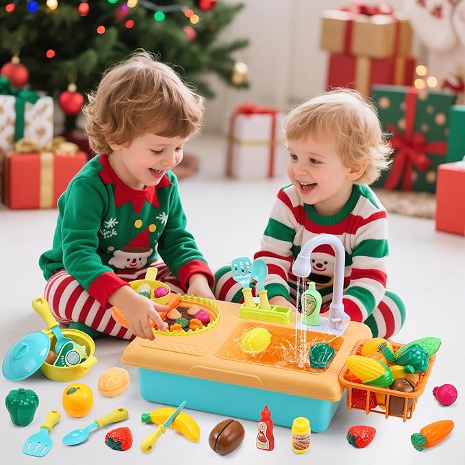 CUTE STONE Kids Pretend Play Sink with Running Water, Toddler Sink Toy with Upgraded Electric Faucet, Play Kitchen Accessories, Cooking Stove, Vegetable Garden Toys, STEM Learning Gift for Ages 3+