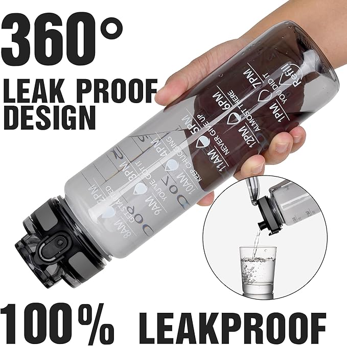 OLDLEY Water Bottle, 32oz Motivational Sports Water Bottle with Time Marker - Times to Drink - Tritan, BPA Free, Wide Mouth Leakproof,Smoke Grey (1 Bottle)