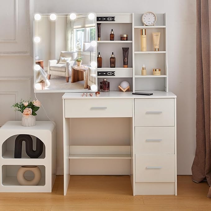 Small Vanity Desk with Mirror and Lights, Makeup Vanity Set with Stool and Drawers, 3-Color Lighted Mirror, Adjustable Brightness, Modern White Vanity Table for Bedroom, Gifts for Girls & Women