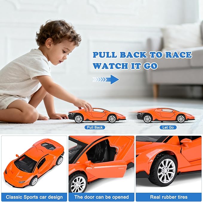 4 Pack 1/36 Metal Diecast Cars Toy with Opening Doors Kid Pull Back Cars Toys Set,Boy Toy Car for Age 3 4 5 6 7 8 9 10 11 12
