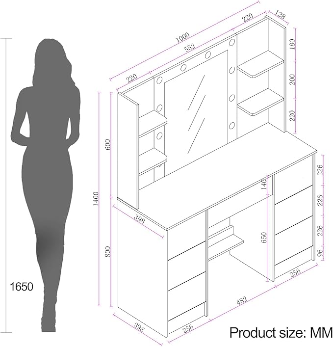 White Vanity Desk with Lighted Mirror, 39.4''W Makeup Vanity with 3-Color Adjustable Brightness, 7 Drawers & Open Shelves, Big Vanity Table for Bedroom, Girls & Women