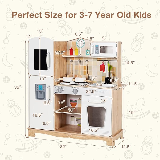 HONEY JOY Kids Kitchen Playset, Wooden Pretend Play Kitchen for Toddlers, Microwave, Faucet, Stove w/Lights, Blackboard, Storage Cabinet, Little Chef Toy Kitchen Set, Gift for Boys Girls 3+, Natural