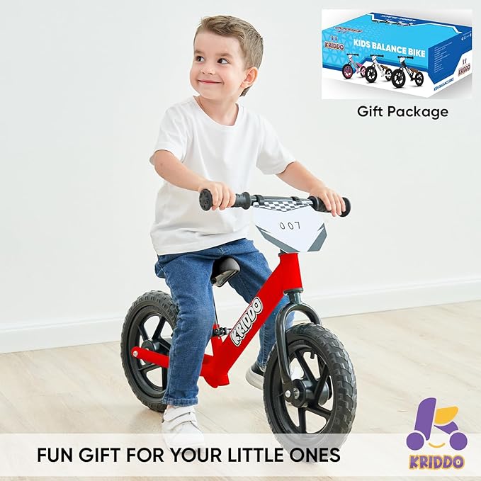 KRIDDO Toddler Balance Bike 2 Year Old, Age 18 Months to 5 Years Old, 12 Inch Push Bicycle with Customize Plate (3 Sets of Stickers Included), Steady Balancing, Gift Bike for 2-3 Boys Girls, Red