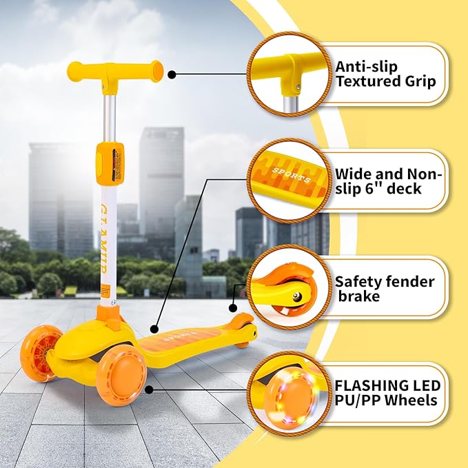 GLAMUP Kids Kick Scooter 3 Wheels, Kids Scooter Height Adjustable Handlebar, Lean-to-Steer System & Easy-Folding Mechanism, Ages 3-14 Boys and Girls