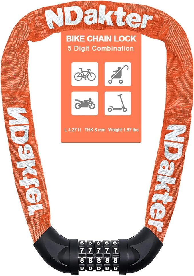 NDakter Bike Chain Lock, 5 Digit Combination Heavy Duty Anti Theft Bicycle Chain Lock,2.62/3.2/4.27/5/6Ft Long Security Resettable Bike Locks for Bike, Bicycle, Scooter, Door, Gate, Fence-4/6mm Thick