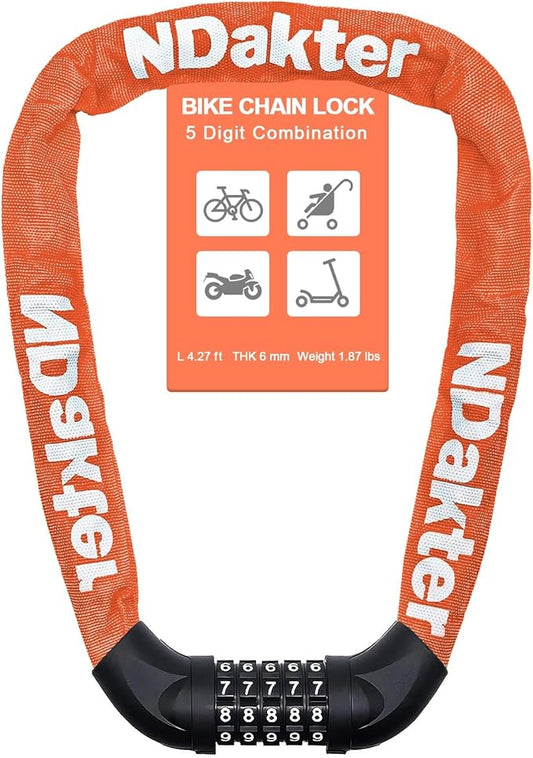 NDakter Bike Chain Lock, 5 Digit Combination Heavy Duty Anti Theft Bicycle Chain Lock,2.62/3.2/4.27/5/6Ft Long Security Resettable Bike Locks for Bike, Bicycle, Scooter, Door, Gate, Fence-4/6mm Thick