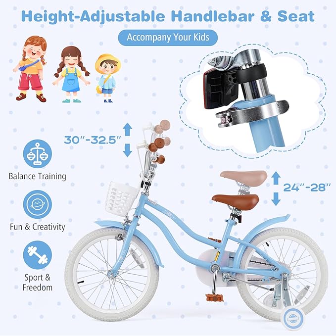 BABY JOY Kids Bike, 12 14 16 18 20 Inch Boys Girls Bike w/Adjustable Seat, Removable Basket, Handbrake & Coaster Brake, Training Wheels or Kickstand, Kids Bicycle with Multi-Color