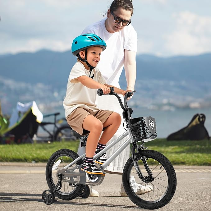 BABY JOY Starry Kids Bike, 12 14 16 18 Inch Bicycle with Training Wheels, Storage Basket, Adjustable Handlebar & Seat, Handbrake & Coaster Brake, Girls Boys Bike