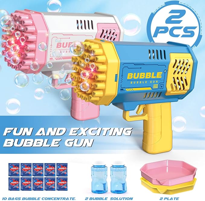 Dolanus Bubble Gun 2 Pack with 2 Bottles Bubble Solution, 40-Hole Light Up Dip Bubble Machine for Kids, Bubble Toy for 3 4 5 6 7 8 Years Old Boys Outdoor Indoor Kid Birthday Wedding Party(Blue&Pink)