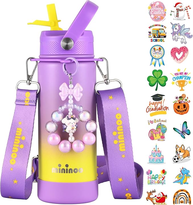 Mininoo Insulated Stainless Steel Kids Water Bottle for School with Straw Lid & Strap, 50 Stickers, 18 oz(Purple/Yellow)